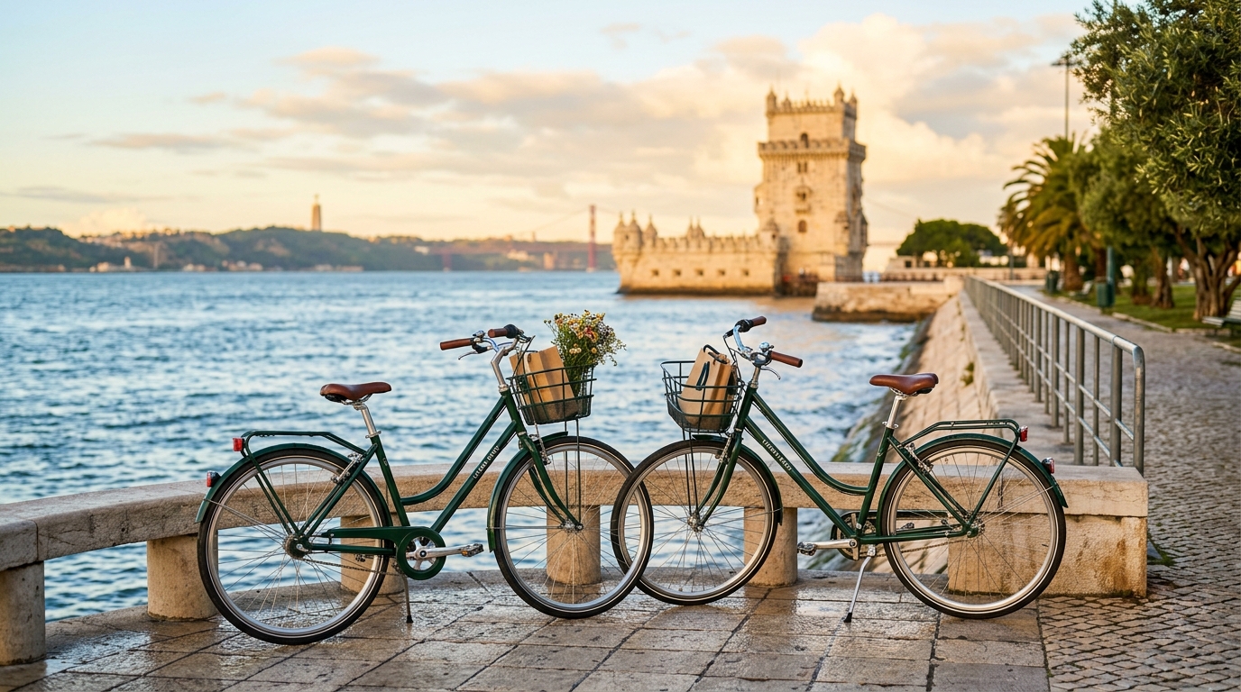 Biclas — bicicletas de aluguer junto ao Tejo em Lisboa, com a Torre de Belém ao fundo