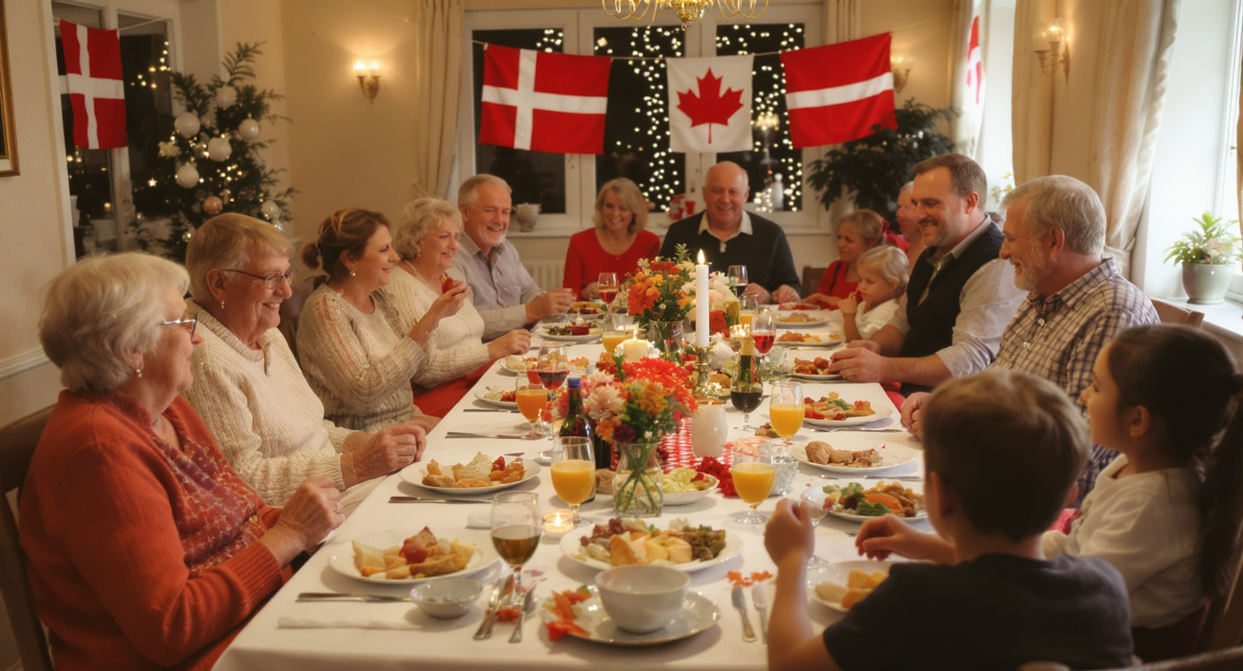 Multi-generational family dinner with seniors, young adults, and children celebrating together with Danish and Canadian flags