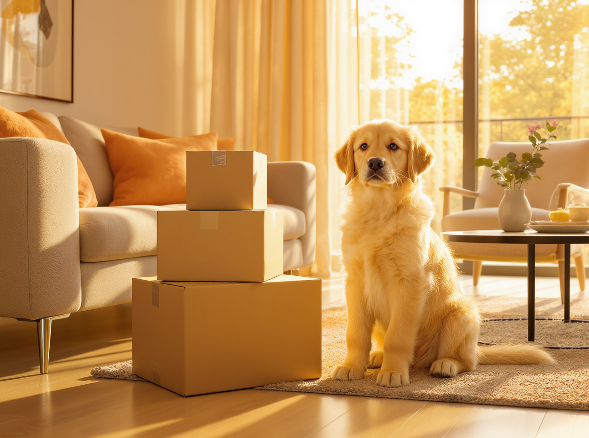 Friendly dog sitting next to moving boxes