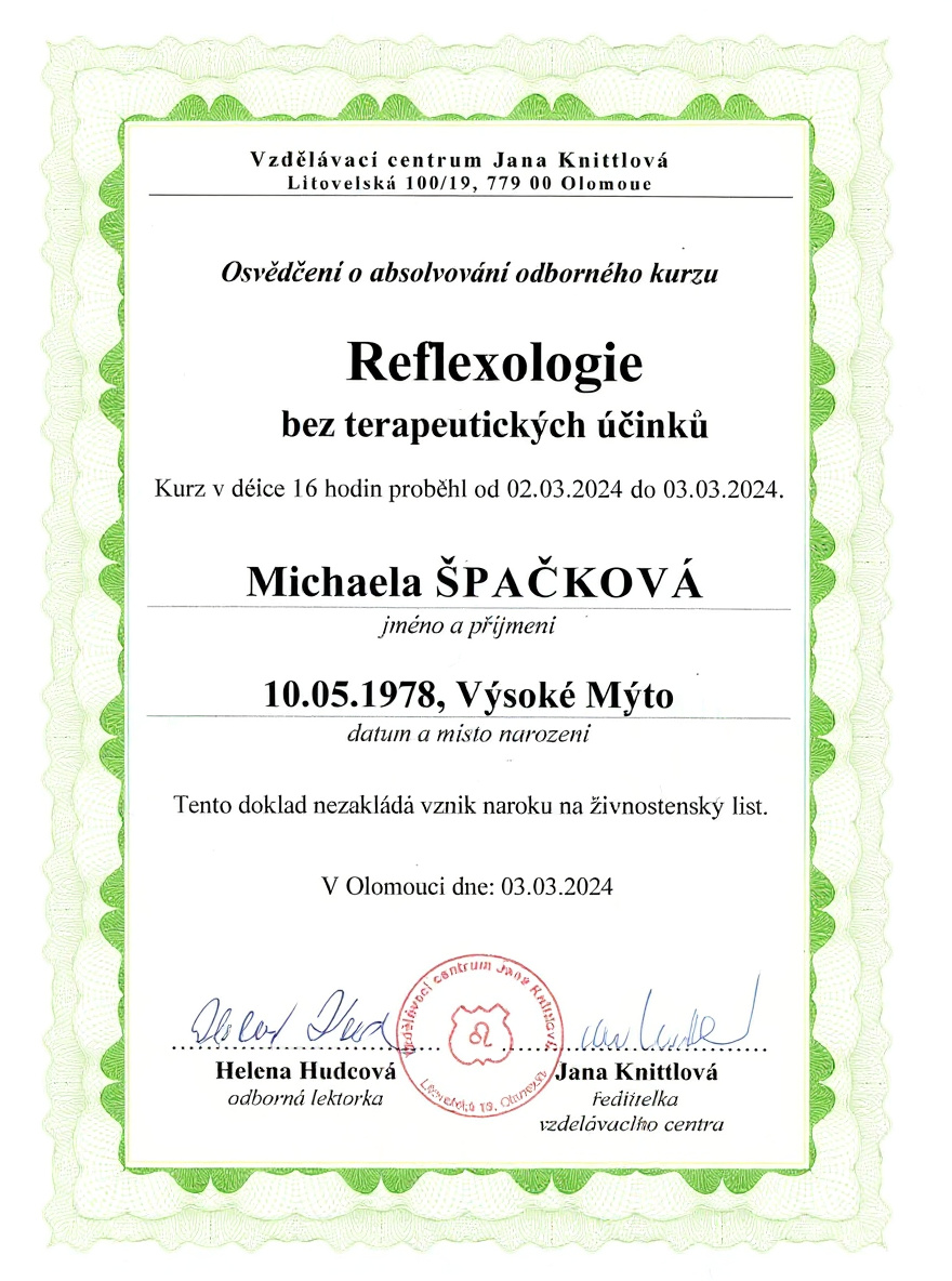 Certifikát Reflexologie