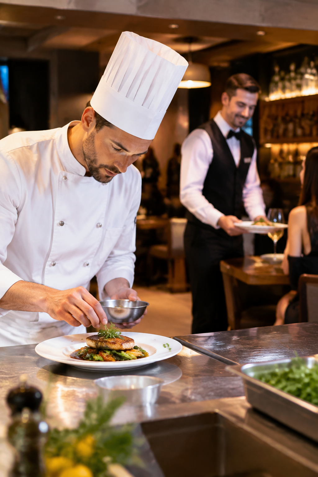 Kuchař finalisuje pokrm v restauraci, v pozadí číšník