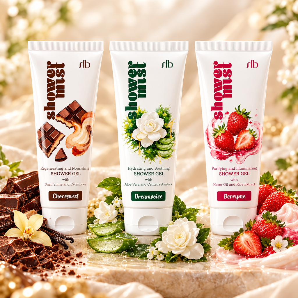 Koláž sprchových gelů Shower Mist – Chocosweet, Dreamvoice a Berryme