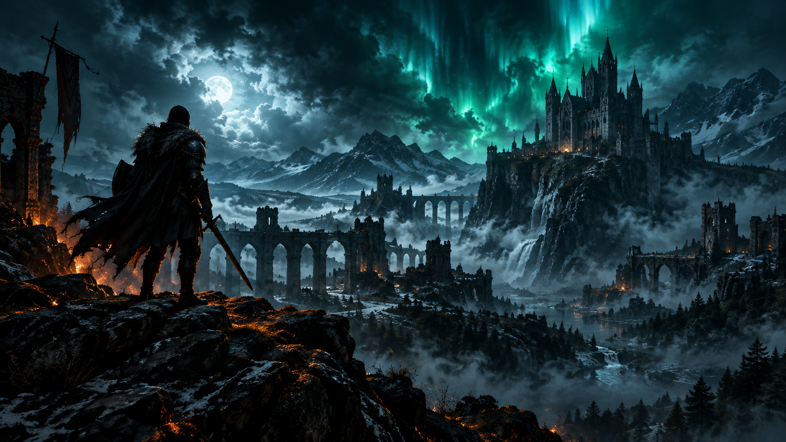 A lone adventurer looking out over a misty valley with ruins and a keep beneath a green aurora