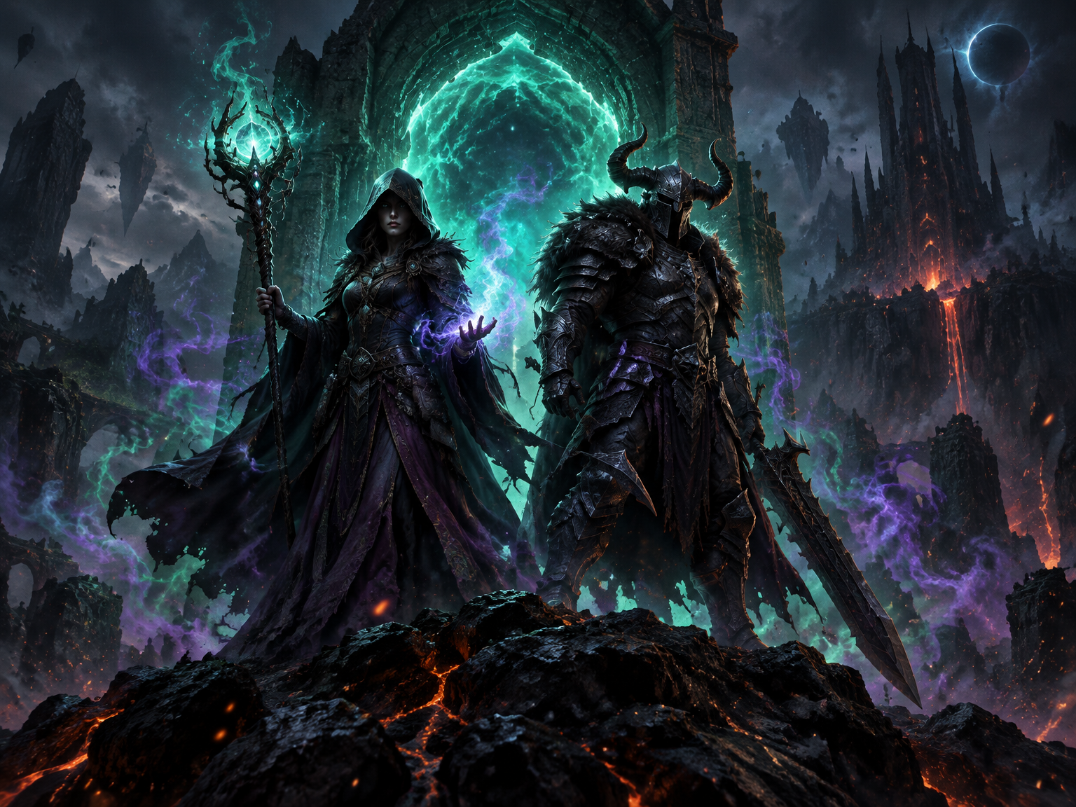 A sorcerer and a horned warrior standing before a glowing portal on an ash plain