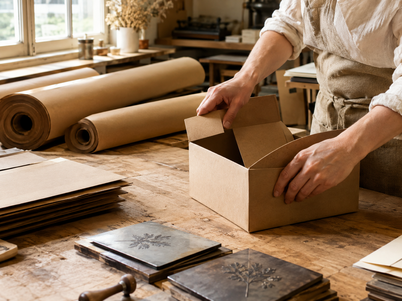 Artisan pliant un carton kraft dans l’atelier, entouré de rouleaux de papier