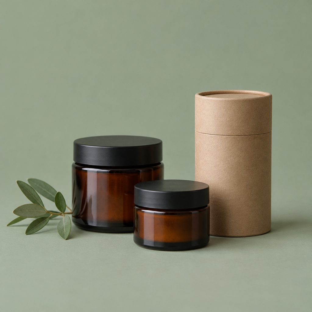 Pots en verre ambré et tube kraft sur fond vert sauge