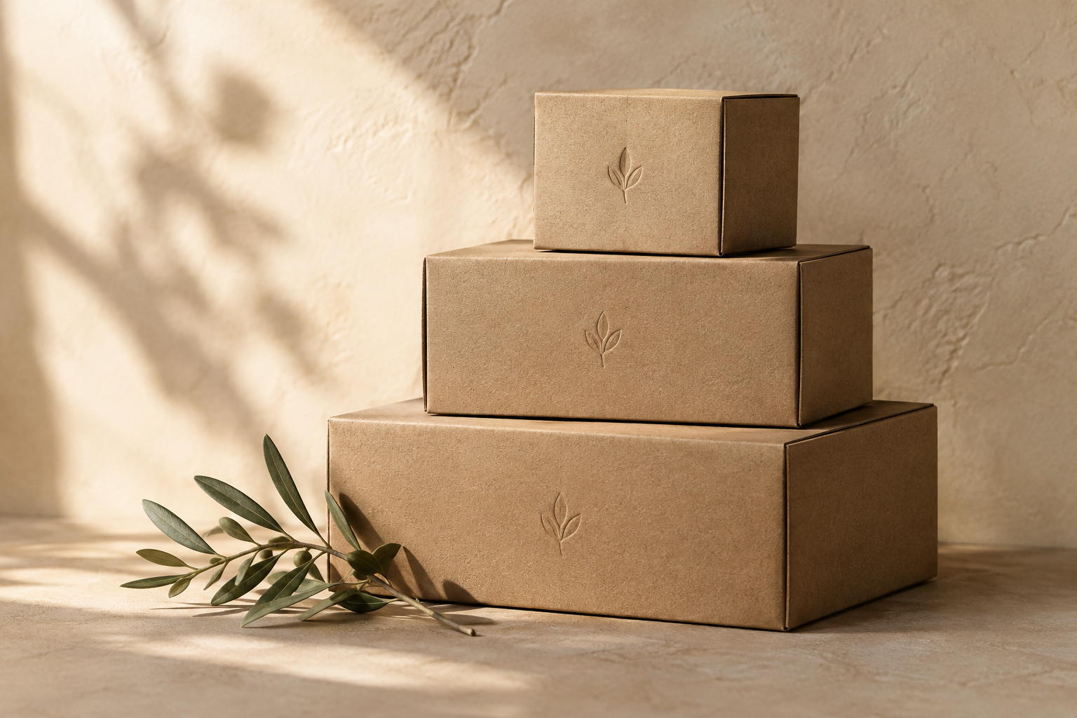 Trois boîtes en carton kraft empilées avec une branche d’olivier, dans une lumière chaude