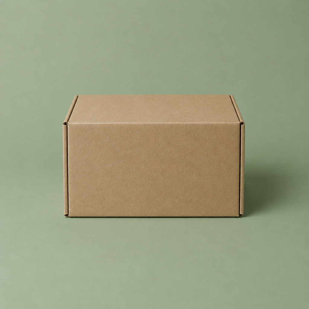 Carton d’expédition kraft fermé sur fond vert sauge