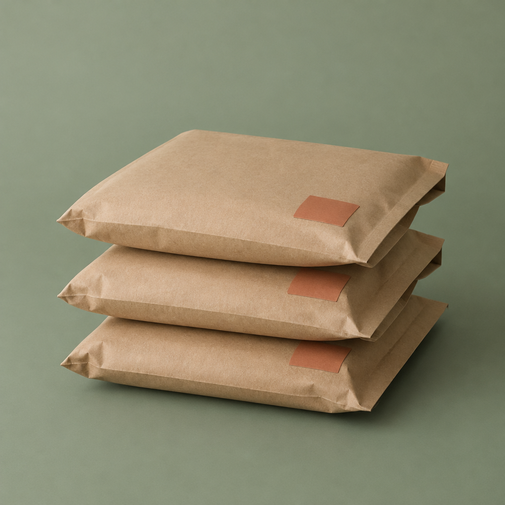 Pile de pochettes en papier kraft avec étiquette terracotta
