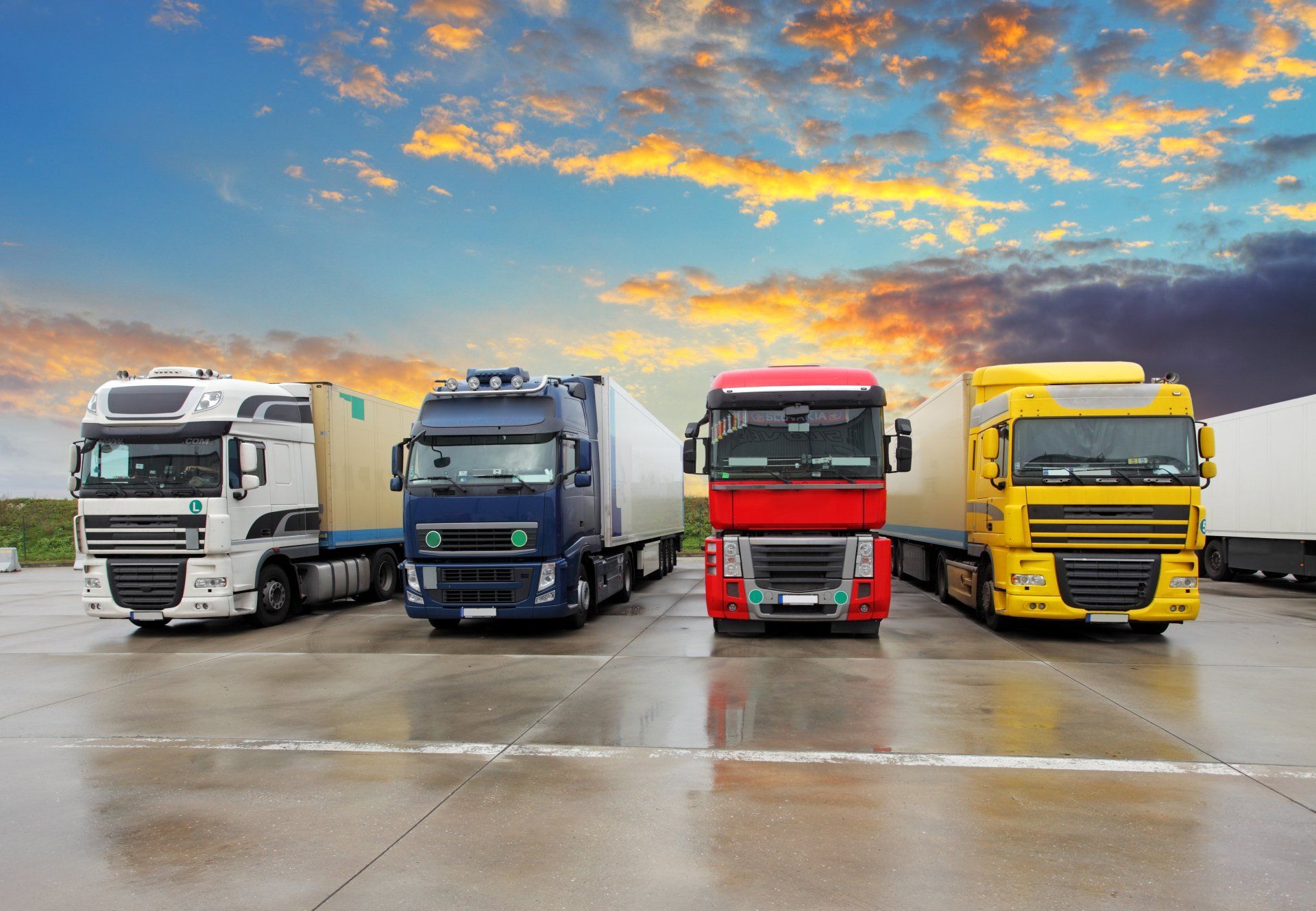 Freight lorries lined up at sunset