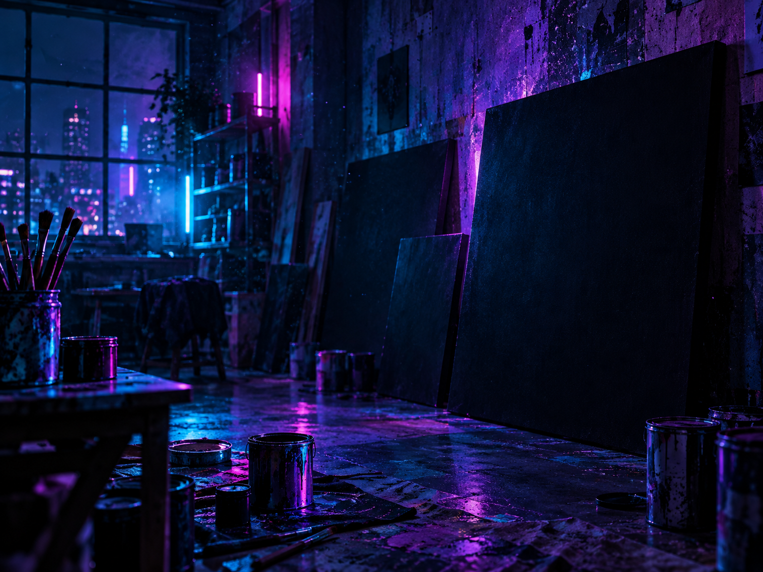 Dark artist studio at night lit by neon cyan and magenta light