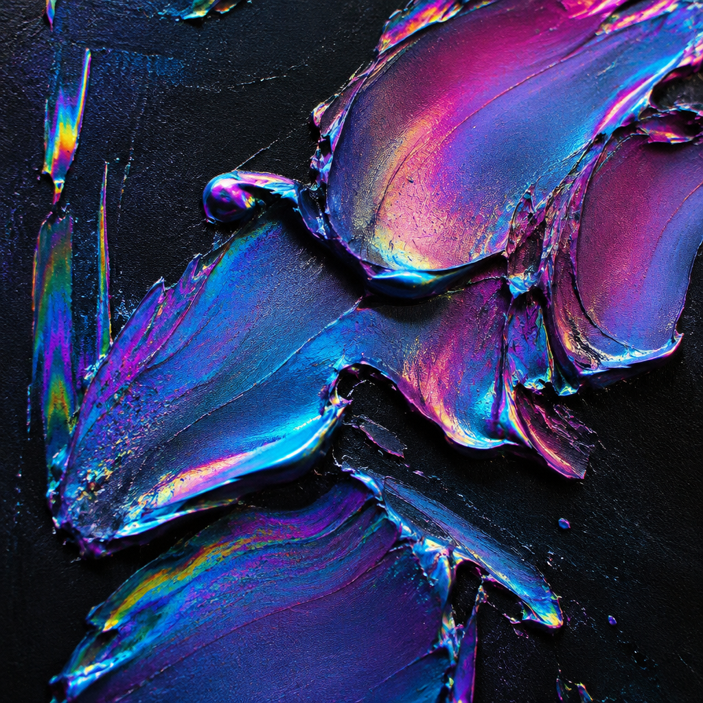 Thick ivory and iridescent oil paint strokes on a black canvas