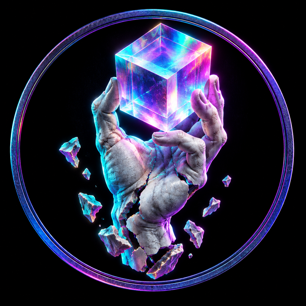 Marble sculpture hand holding a glowing iridescent cube