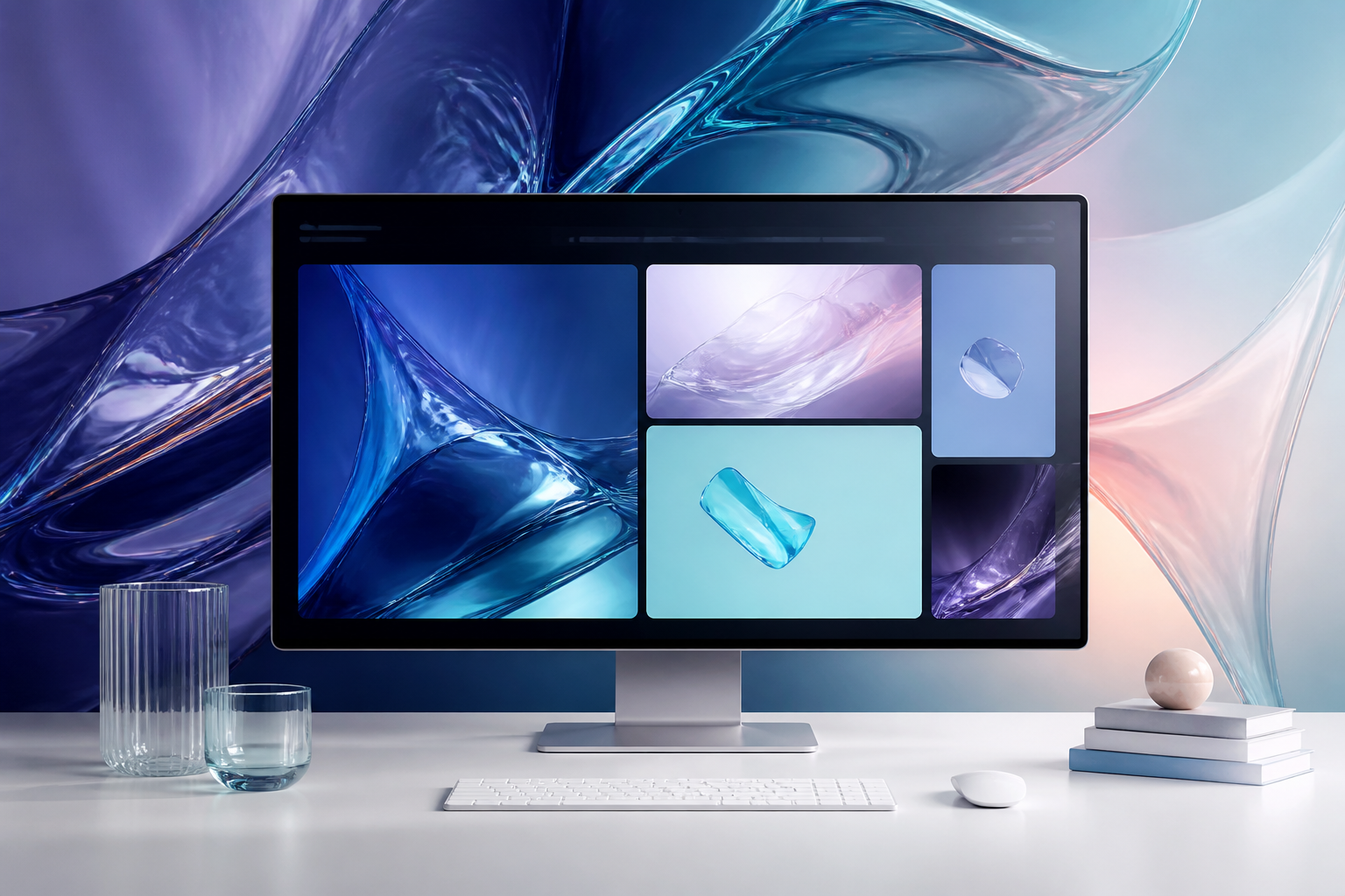 A premium desktop and phone showcase with luminous blue, coral, and lavender visual design.