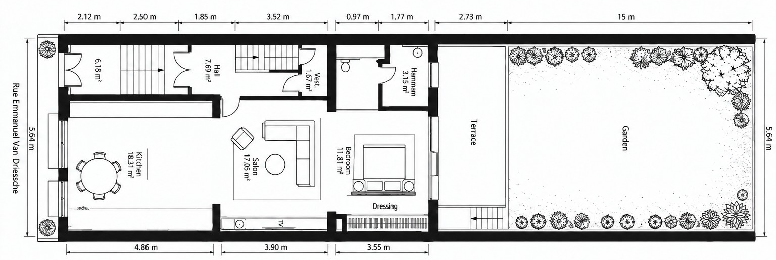 Floor plan of the Garden & Hammam Residence showing kitchen, salon, bedroom, hammam, terrace and garden