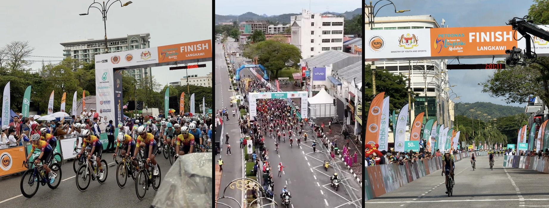 A horizontal set of three photos from a past Le Tour de Langkawi stage on the island: riders gathered near the finish arch, the peloton passing through town with the hills behind, and another aerial view of the finish-arch crowd