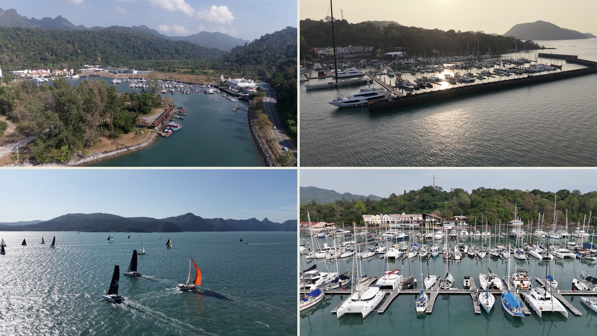 Four photos: an aerial view of Telaga Harbour Park, the Royal Langkawi Yacht Club at sunset with a superyacht docked, sailboats racing during the Royal Langkawi International Regatta, and the Royal Langkawi Yacht Club marina packed with boats by day