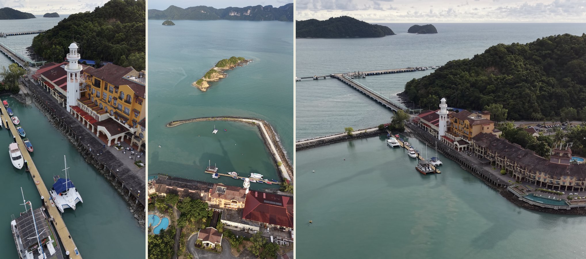 Three aerial views of the marina at Resorts World Langkawi: the jetty with moored yachts, the breakwater-enclosed anchorage, and the pier connecting the marina to the resort grounds