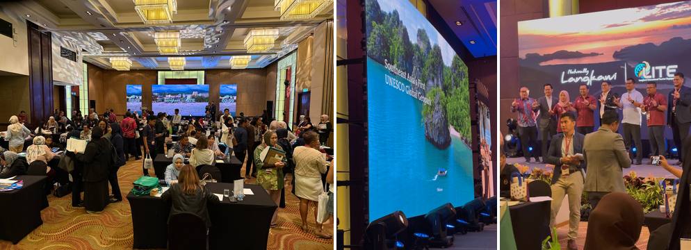 A horizontal set of three photos from LiTE 2026: the ballroom floor in full swing, an aerial of hidden beaches shown on the stage screen, and the organising team and partners on stage