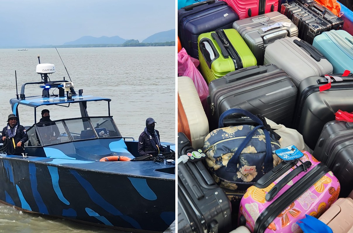 A Marine Police boat with its crew, and a pile of passengers' suitcases