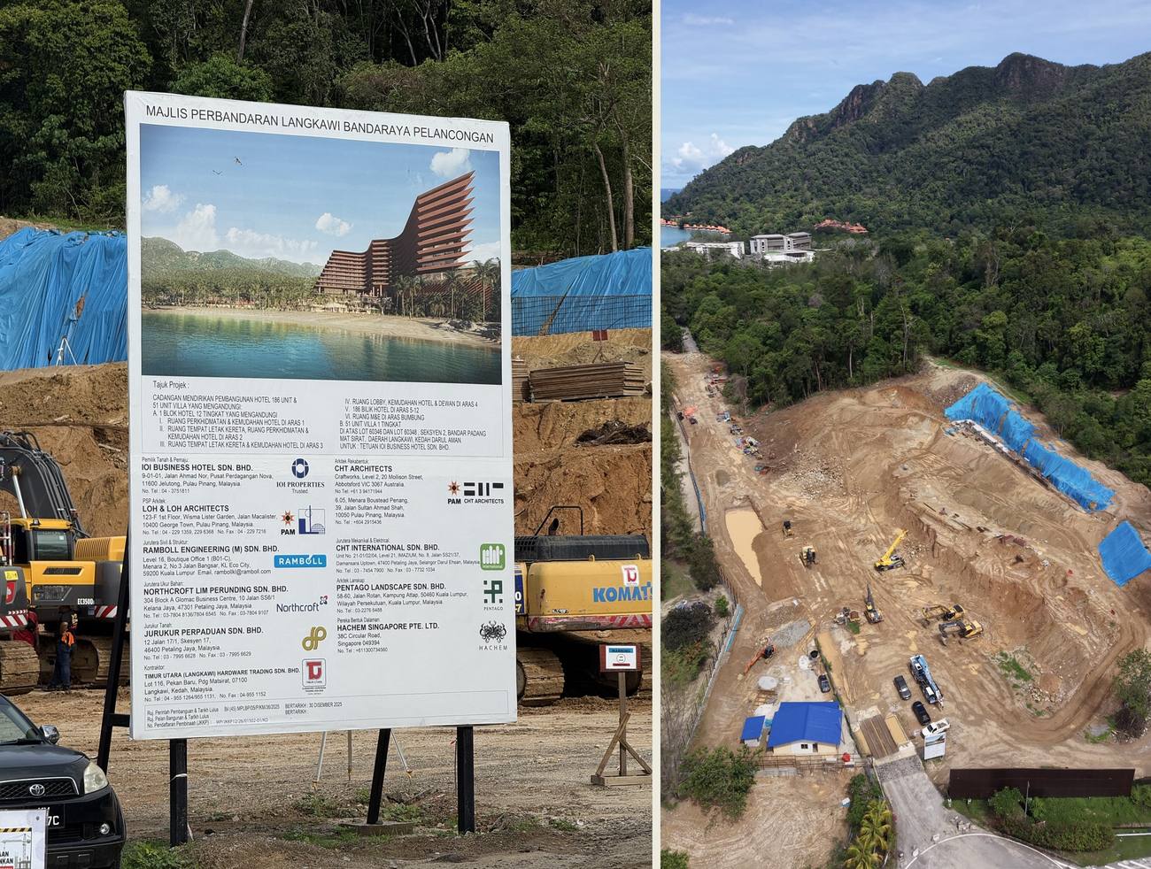 A statutory development notice board at the Pantai Kok construction site, paired with an aerial view of the cleared site, a bay and forested hills behind it