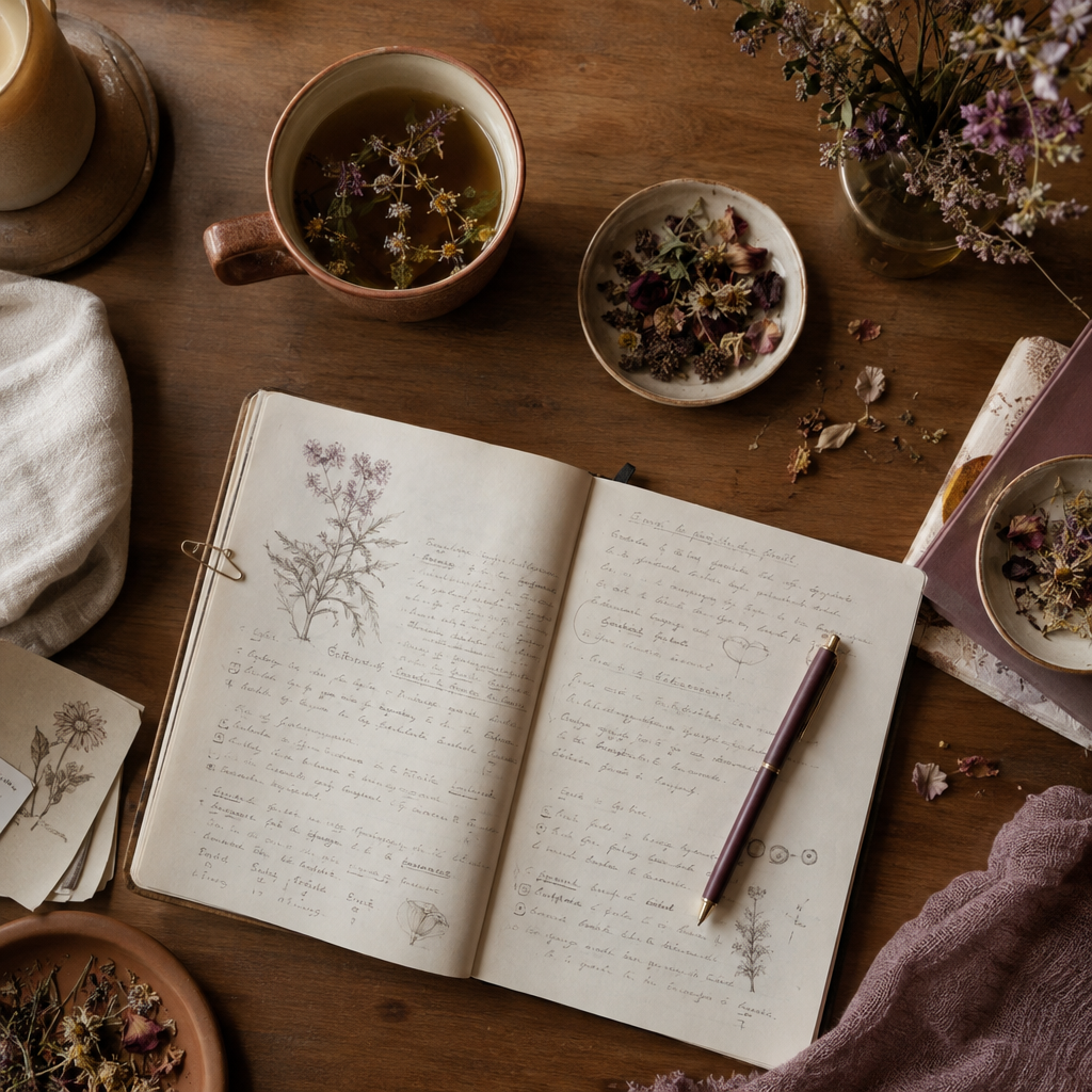 Skrivebord med åben notesbog, kop te og tørrede blomster