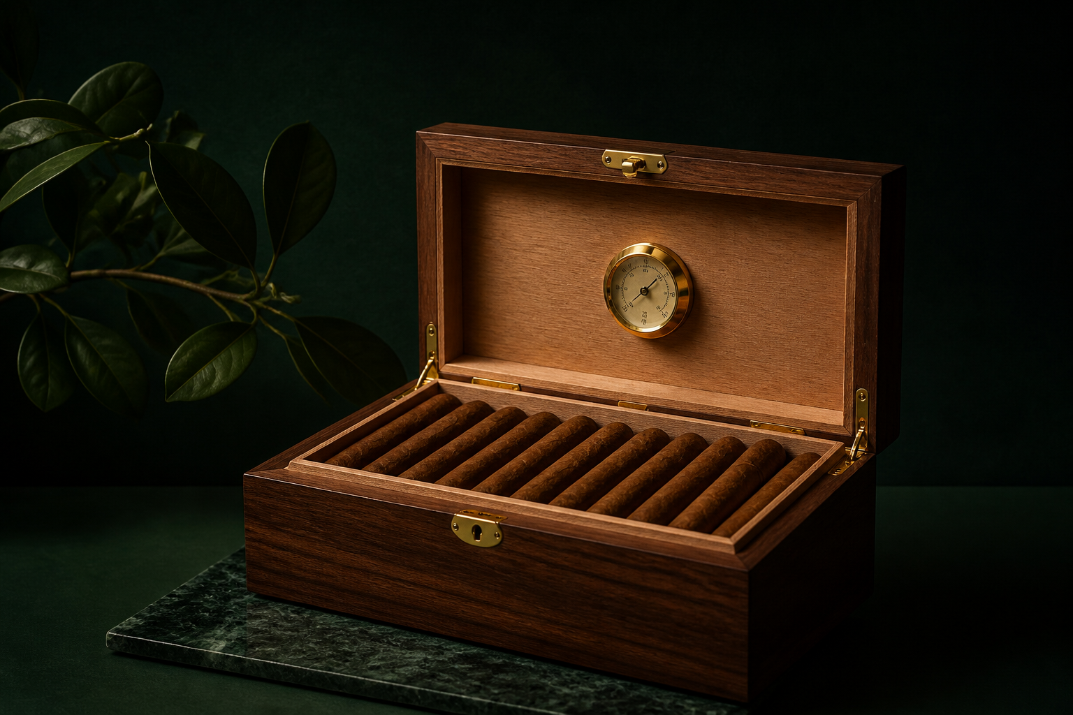 Åben humidor i mørkt valnøddetræ med håndrullede cigarer