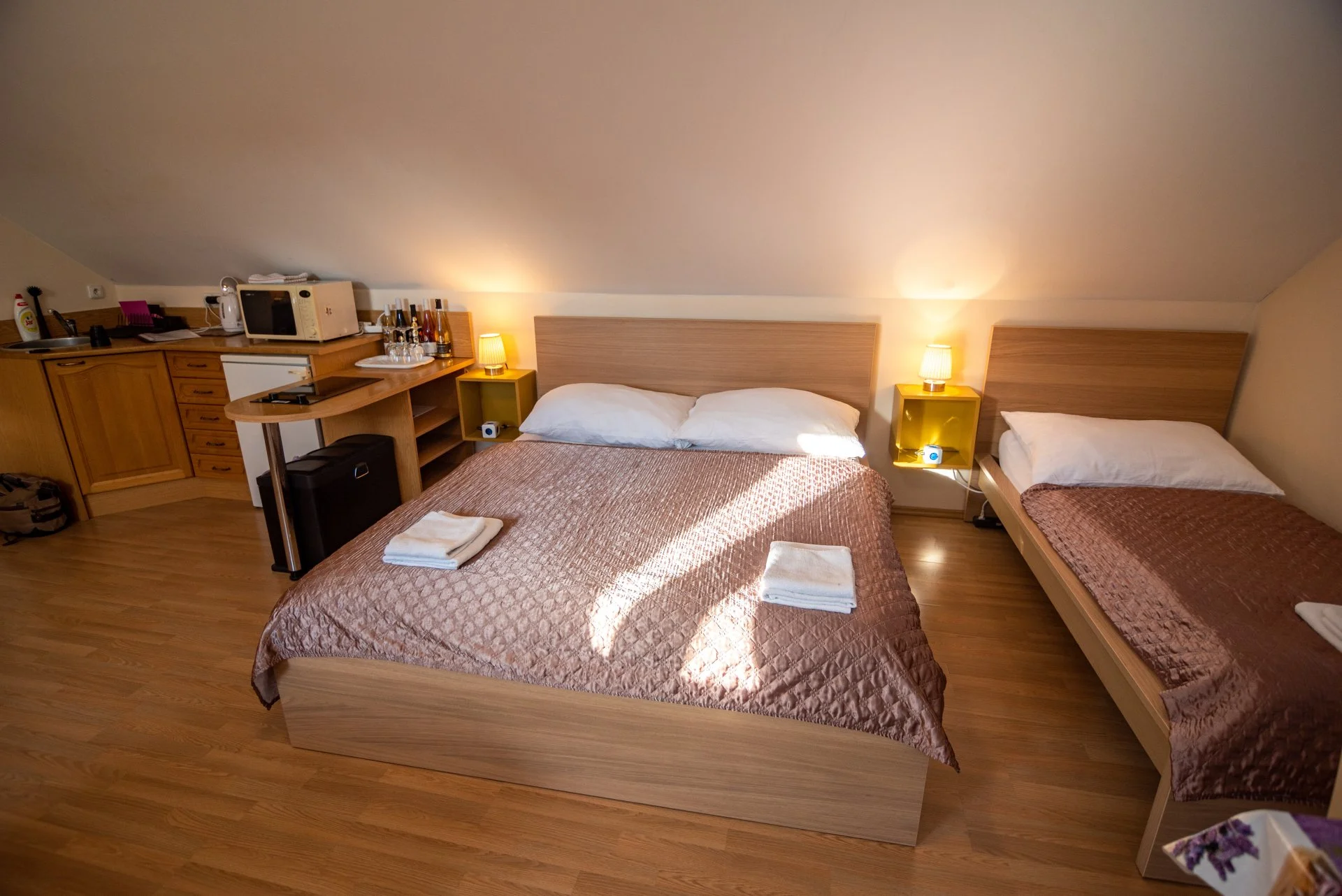 Plně vybavený kuchyňský kout s lednicí a mikrovlnnou troubou v apartmánu