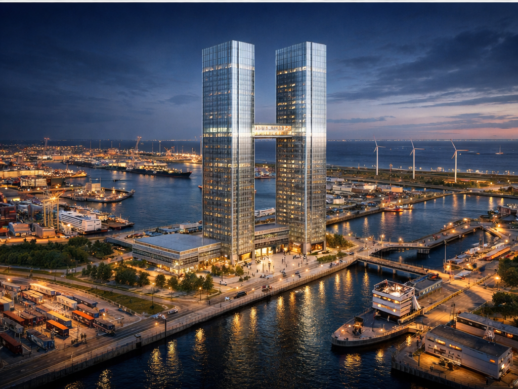 Evening render of the WTC towers at Zeebrugge port, home of Byrsa Brugensis