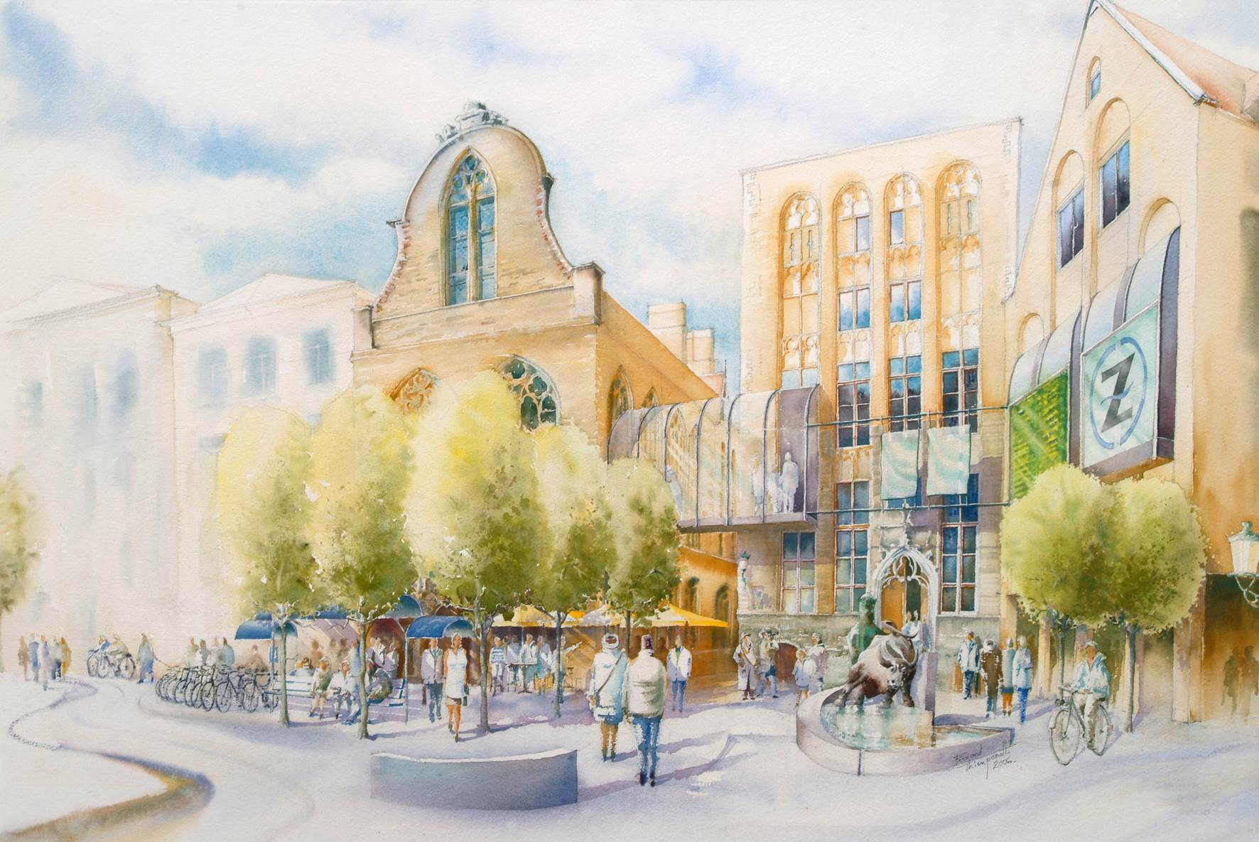Watercolor of the Bruges bourse square with the bull fountain