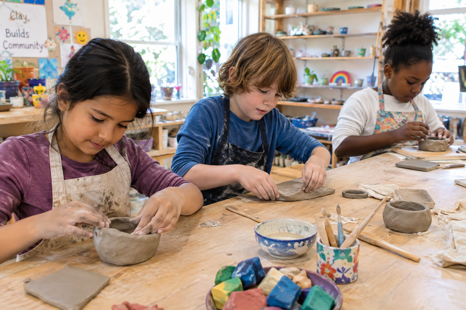 Kids hand-building with clay in the studio