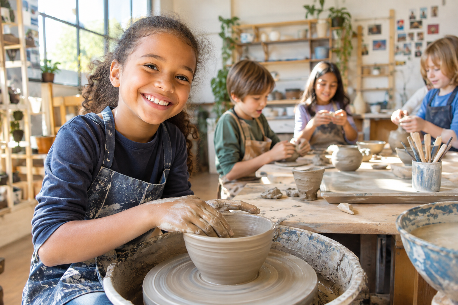 A child shaping a clay bowl at a class