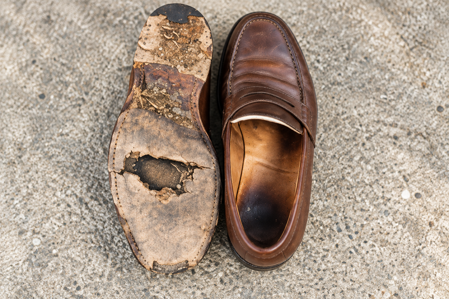Et par brukte brune loafers, den ene med utslitt såle
