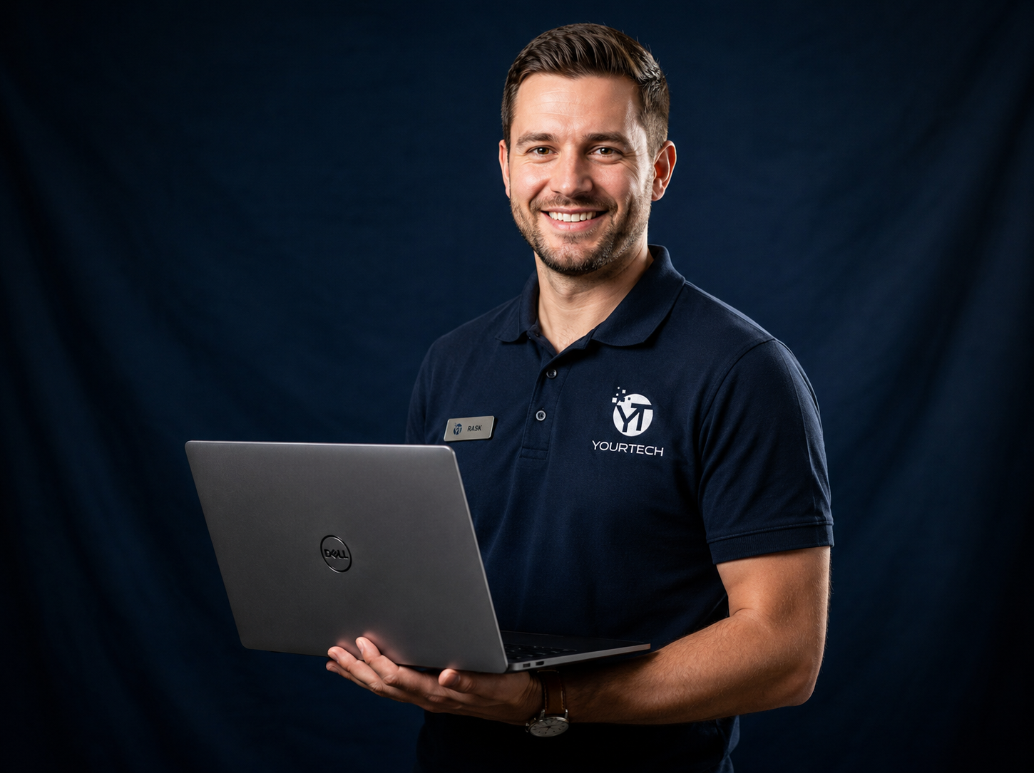 YourTech IT support professional holding a laptop, ready to help