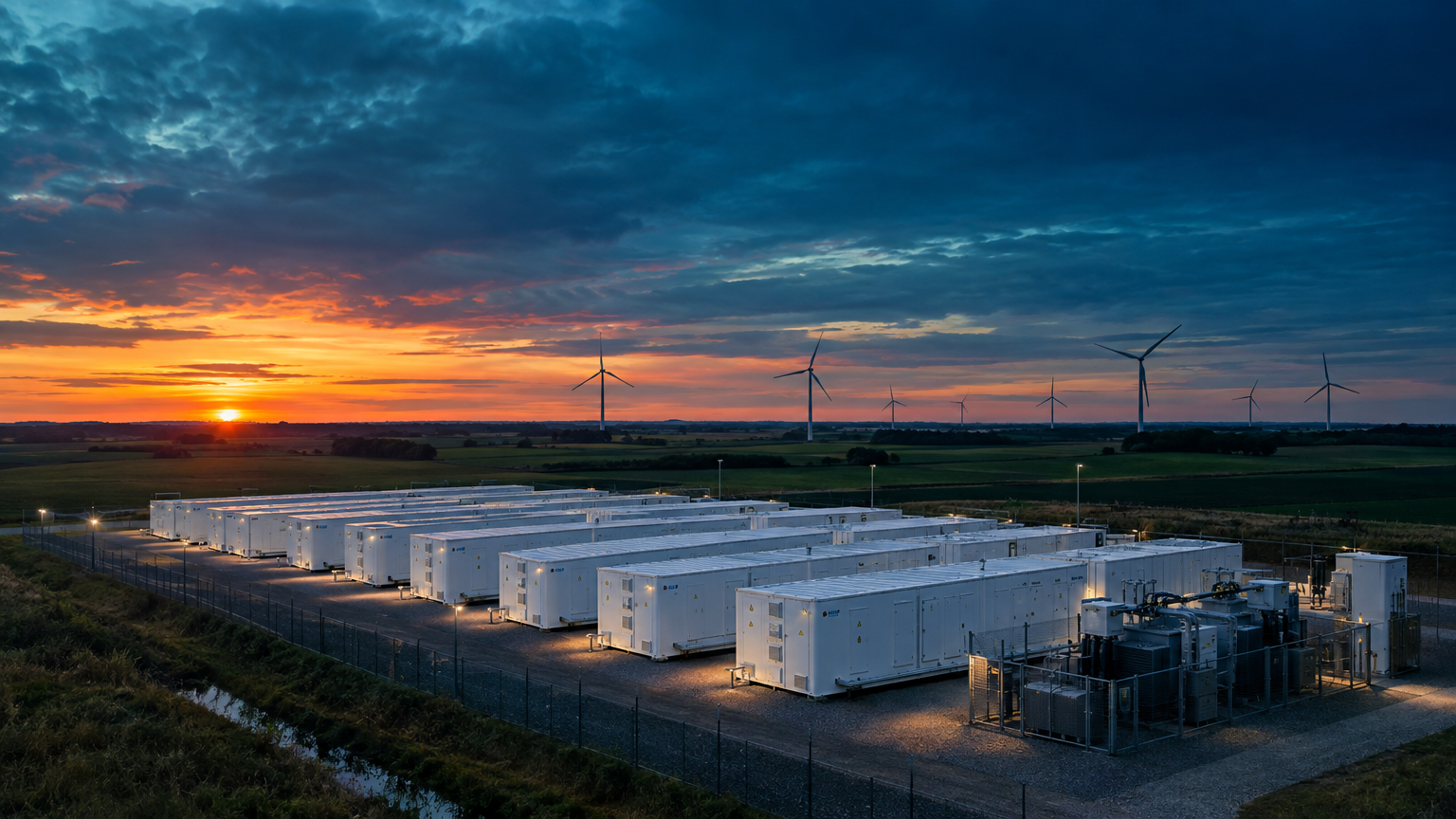 Battery energy storage containers at dusk with wind turbines in the background