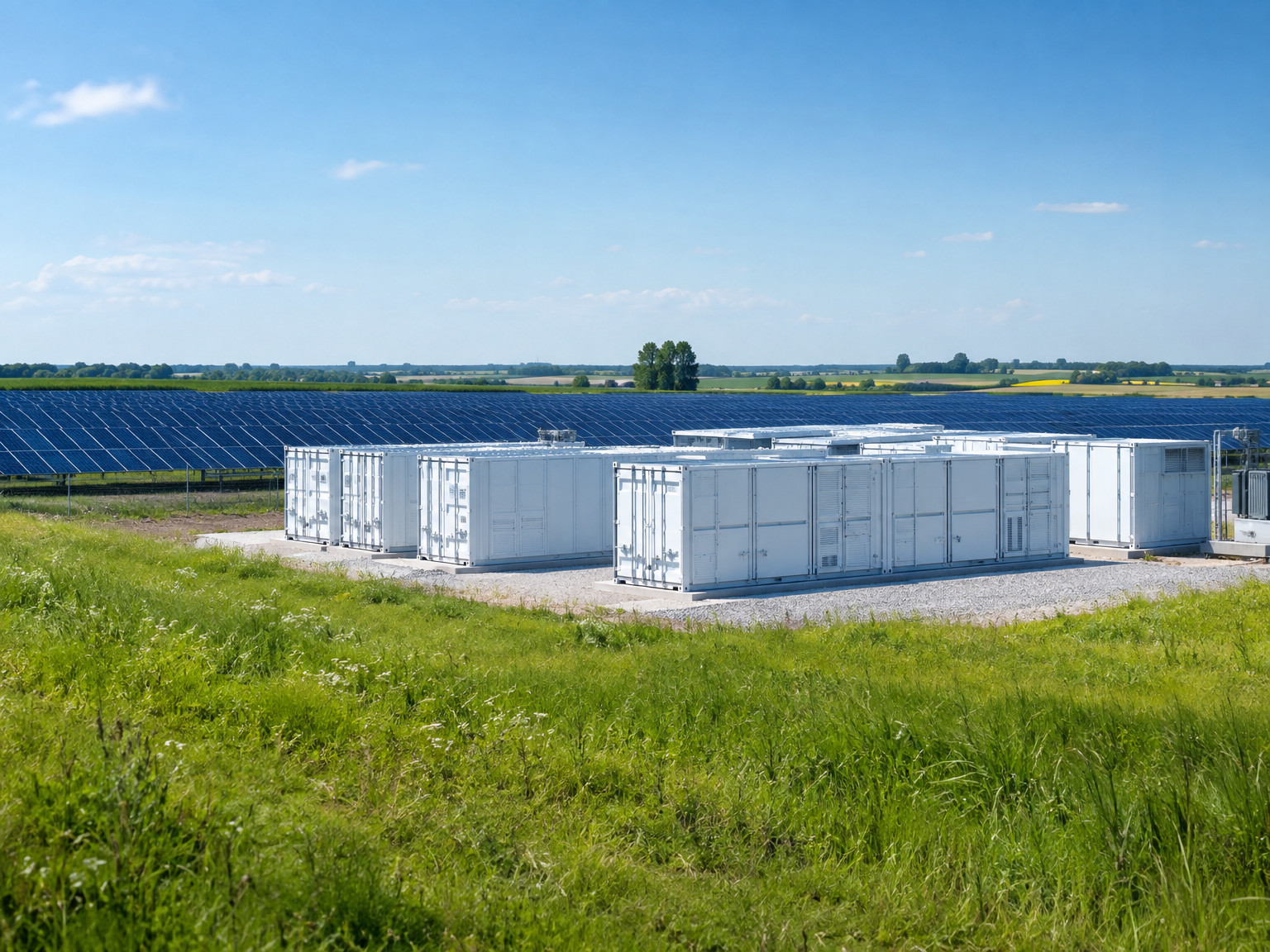 Solar panels and battery storage containers operating together during the day