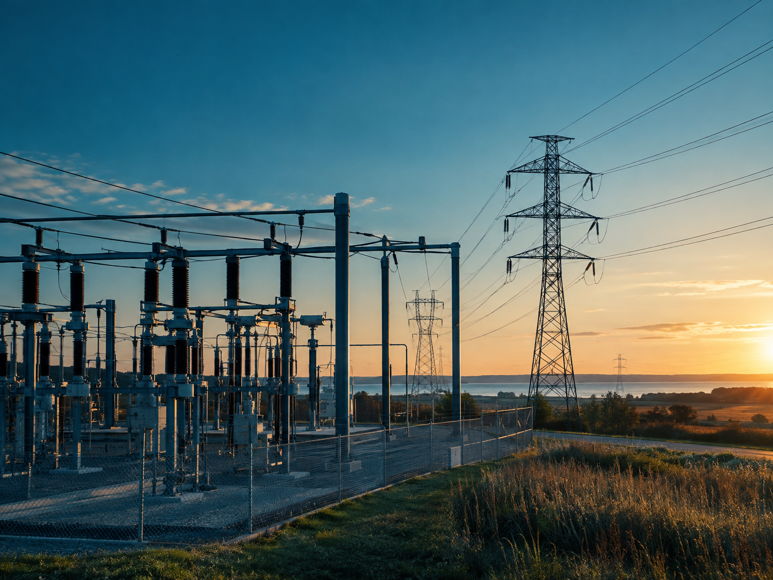 Electrical substation with transmission towers connecting a BESS site to the grid