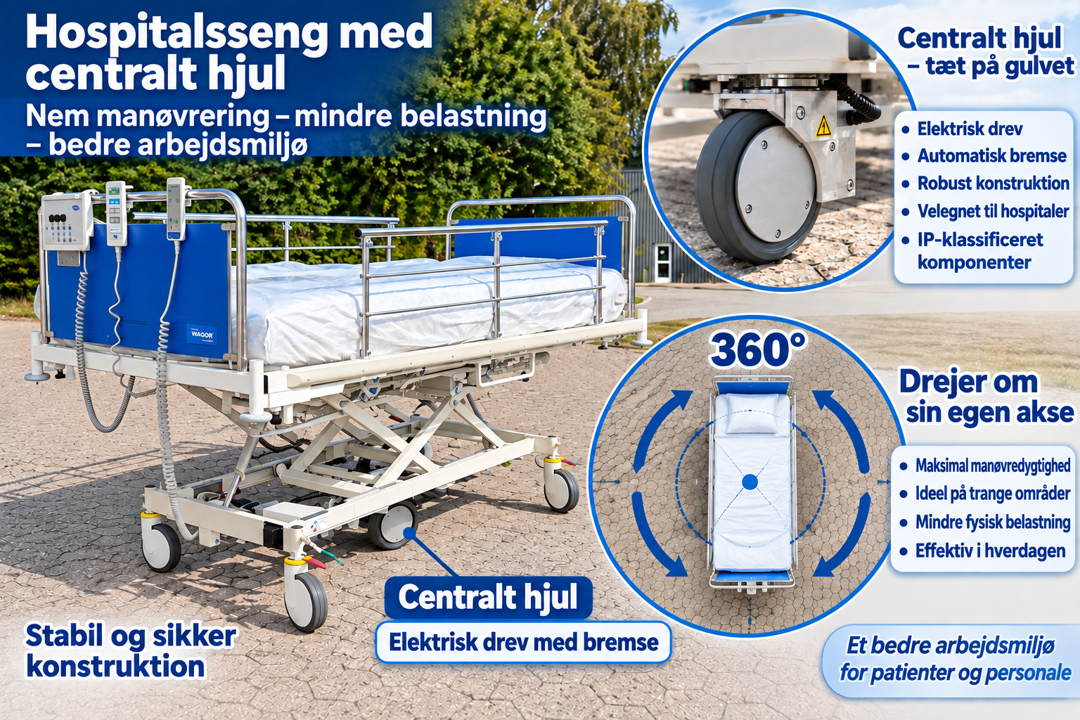 Hospitalsseng med centralt hjul
