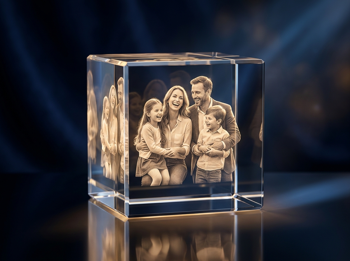 3D laser engraved crystal cube with family photo