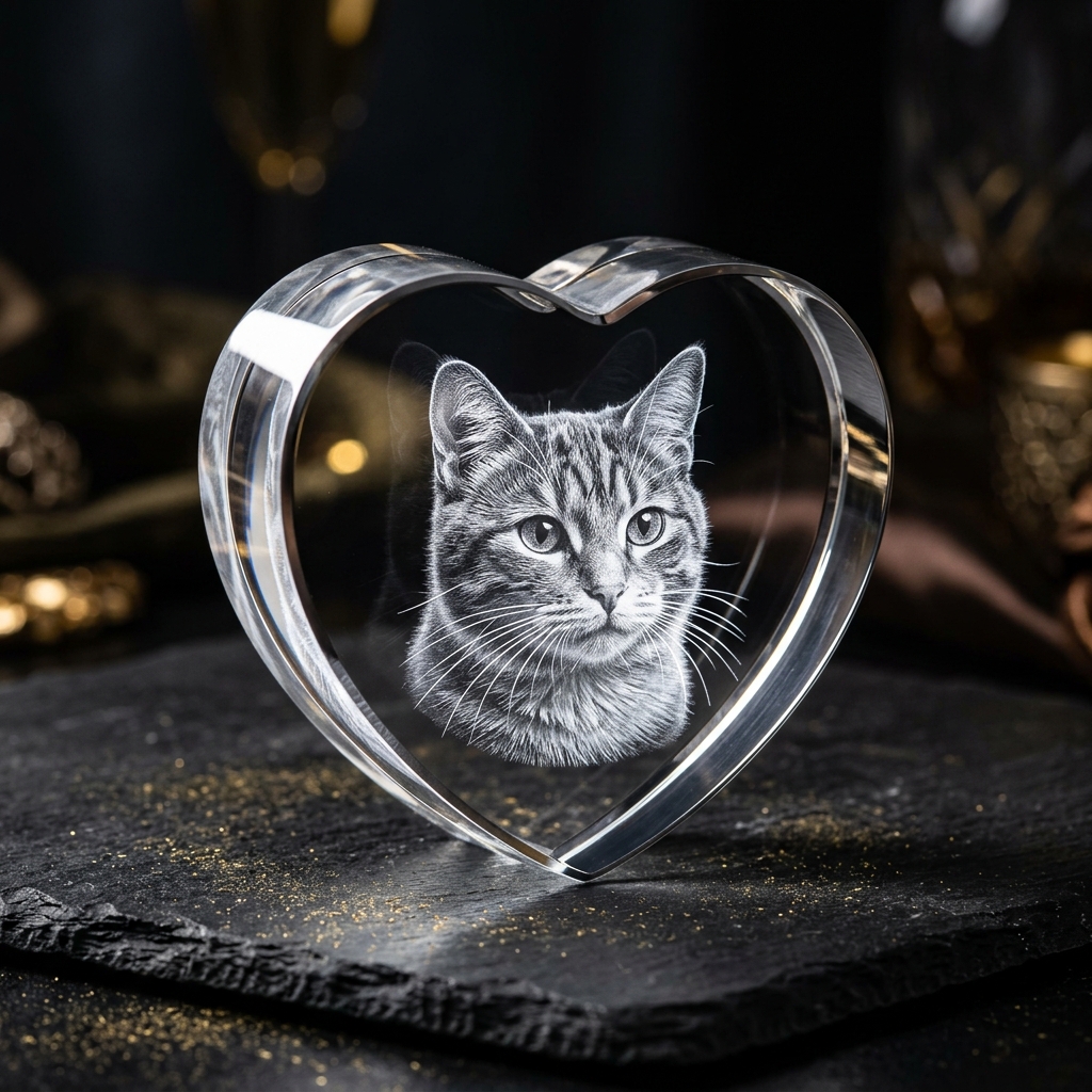 Heart crystal with 3D laser-engraved cat portrait