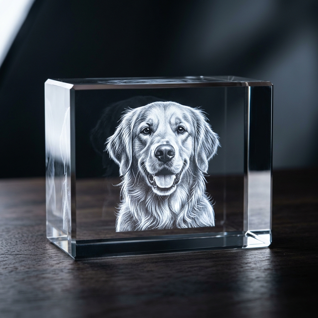 Rectangle crystal with 3D laser-engraved dog portrait