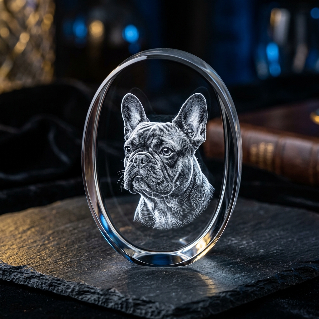 Oval crystal with 3D laser-engraved French Bulldog portrait