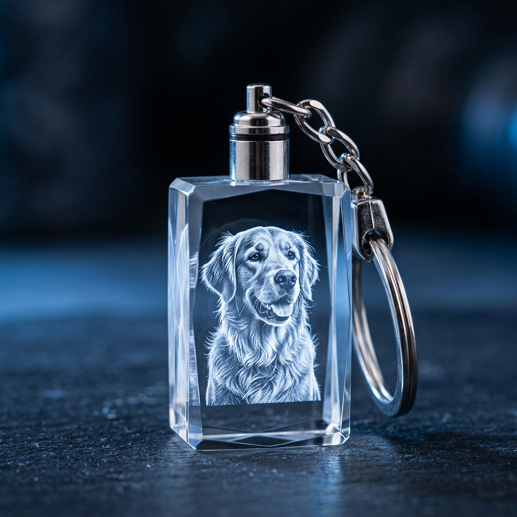 3D laser-engraved crystal keychain with pet portrait