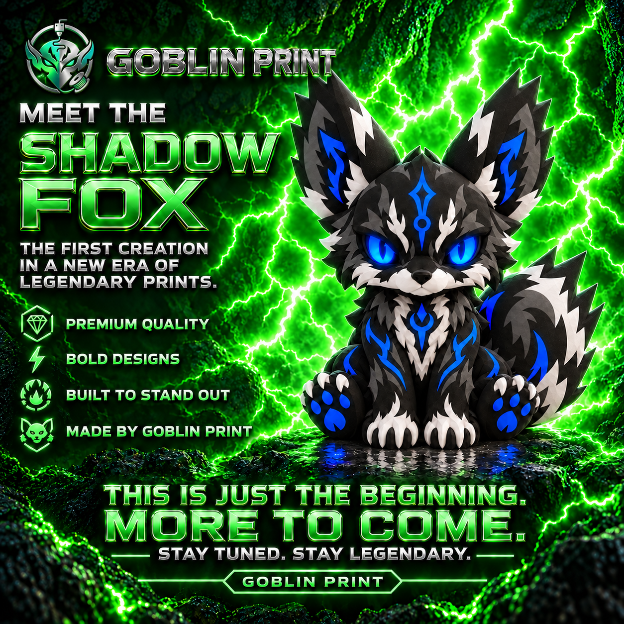Shadow Fox collectable advert from Goblin Print: a black and white 3D printed fox with glowing blue eyes on a green lightning background