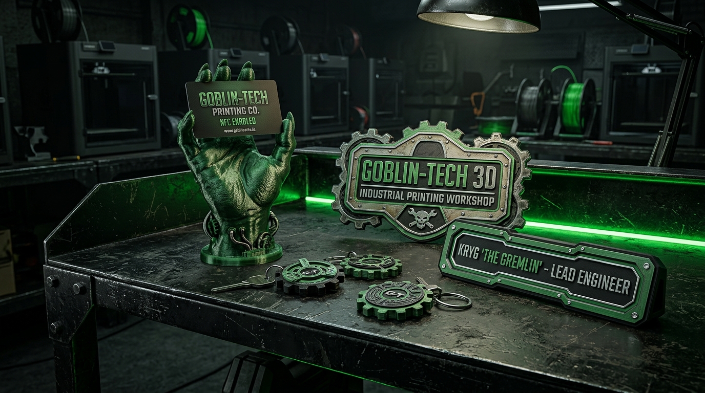 3D printed NFC card stand, shop sign, gear keyrings and desk name plate