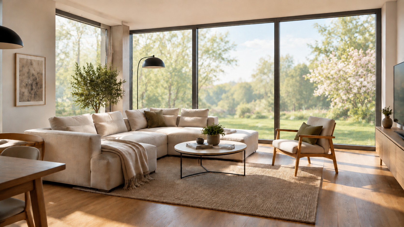 Moderní světlý byt, výhled z oken na romantickou krajinu, zprohlídnutý technologií Matterport