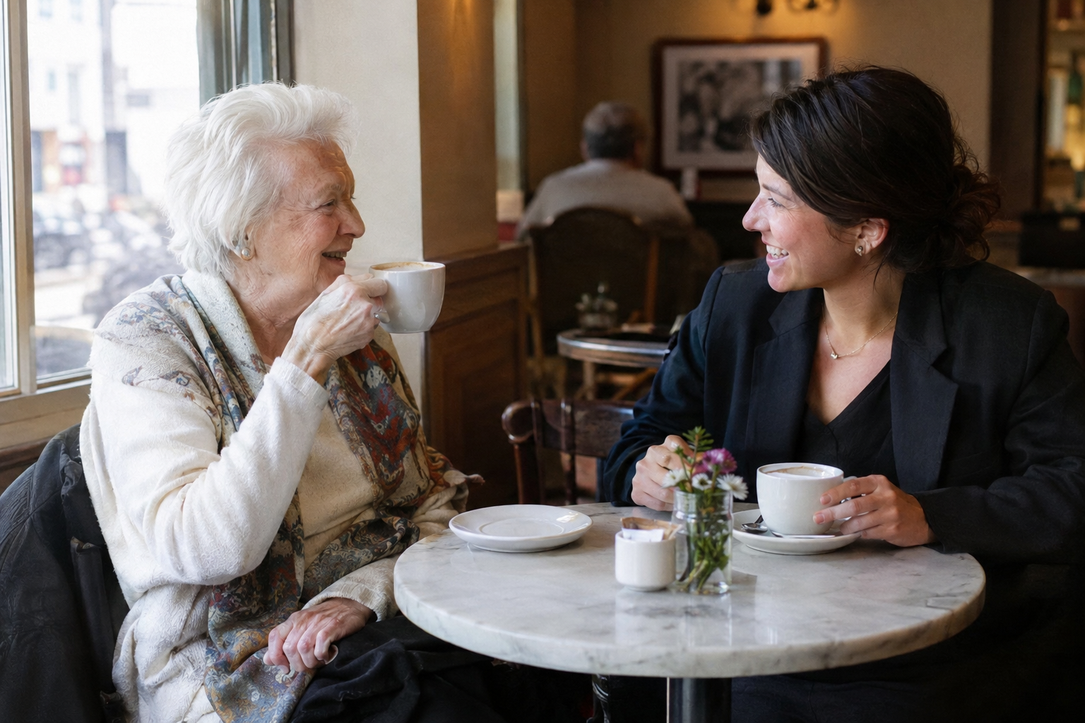 Seniorka a osobní asistentka si u kávy v kavárně povídají a smějí se