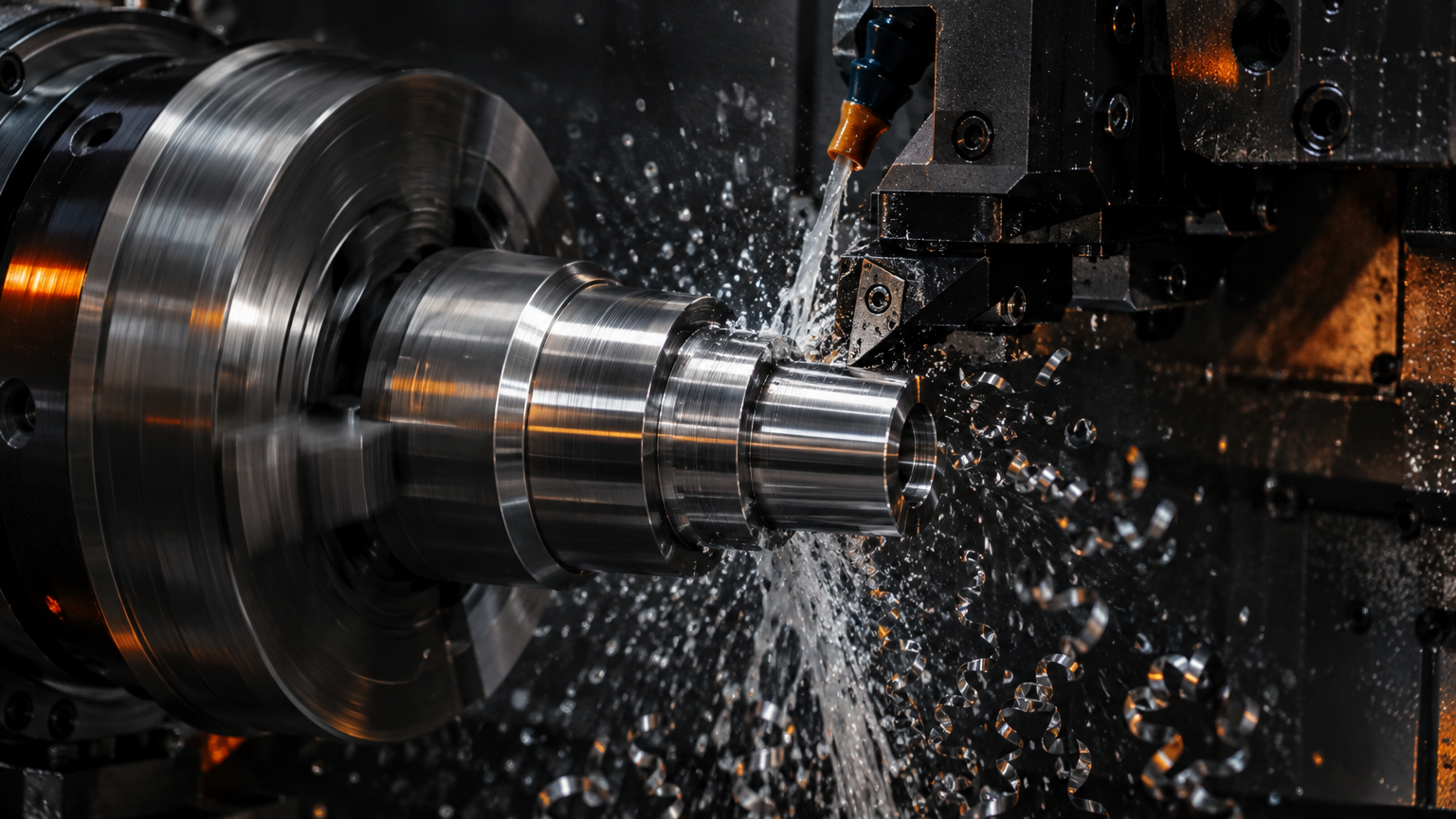 Tornio CNC in lavorazione su un pezzo in acciaio