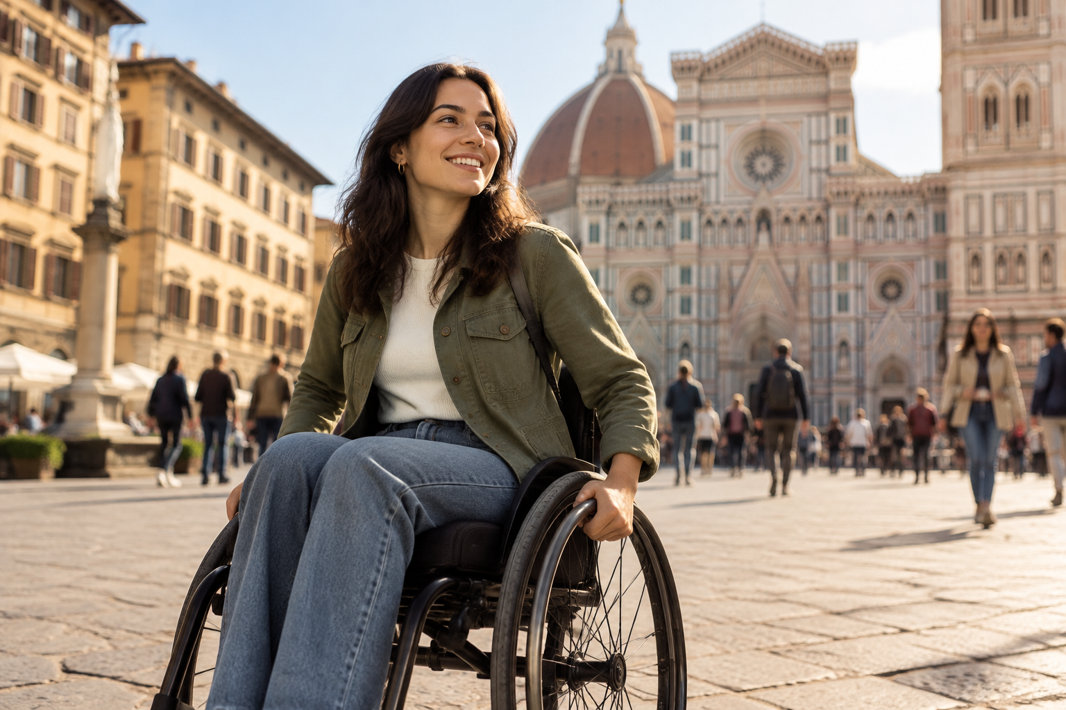 Una donna sorridente che si sposta in sedia a rotelle in una piazza italiana assolata