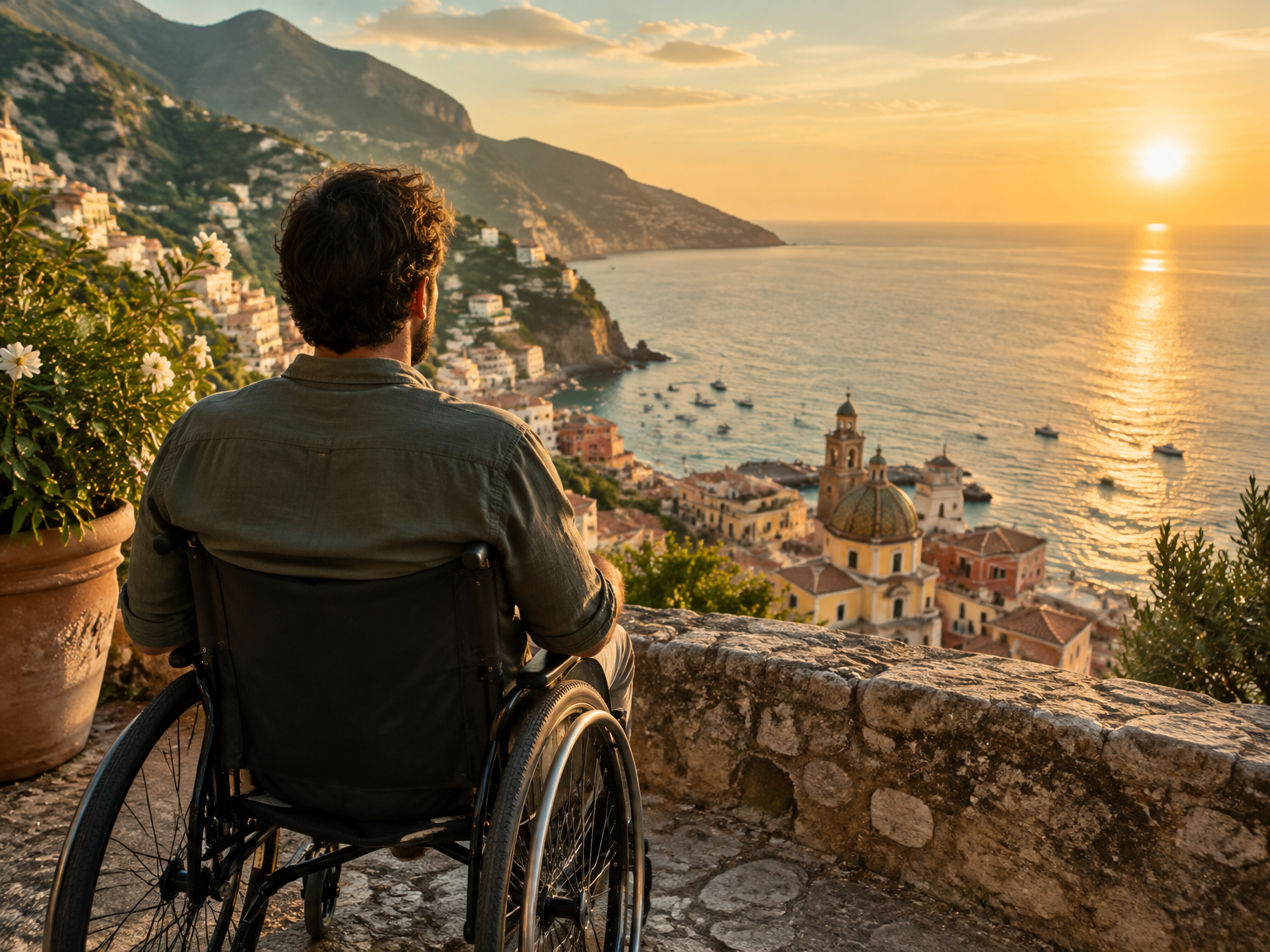 Un uomo in sedia a rotelle ammira il tramonto su un borgo italiano sul mare
